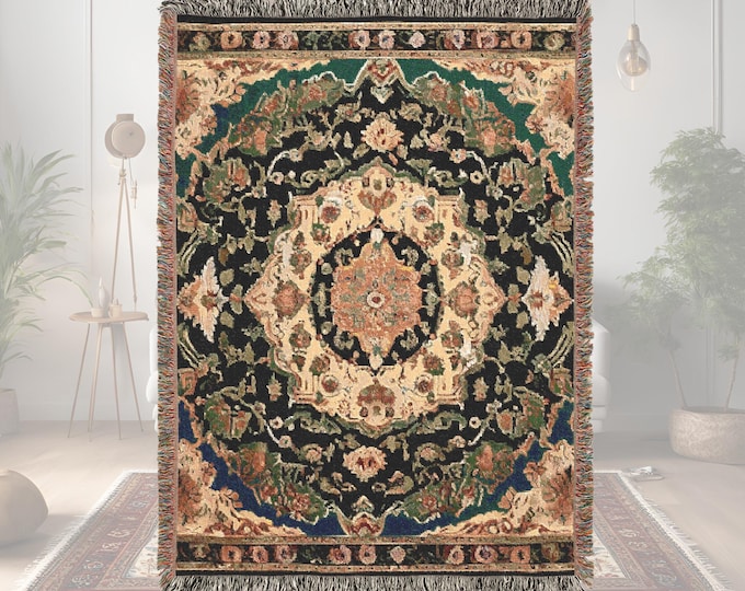 Woven Blanket Persian inspired design - Woven 100% Premium Cotton Throw Blanket with Colorful Fringe - Cozy Home Decor, Wall Tapestry