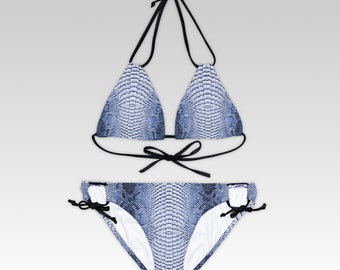 Blue & White Snake Skin Pattern Bikini | Strappy Two-Piece Swimsuit | Festival Swimwear, Rave bikini set, Party bikini set | Gifts for girls