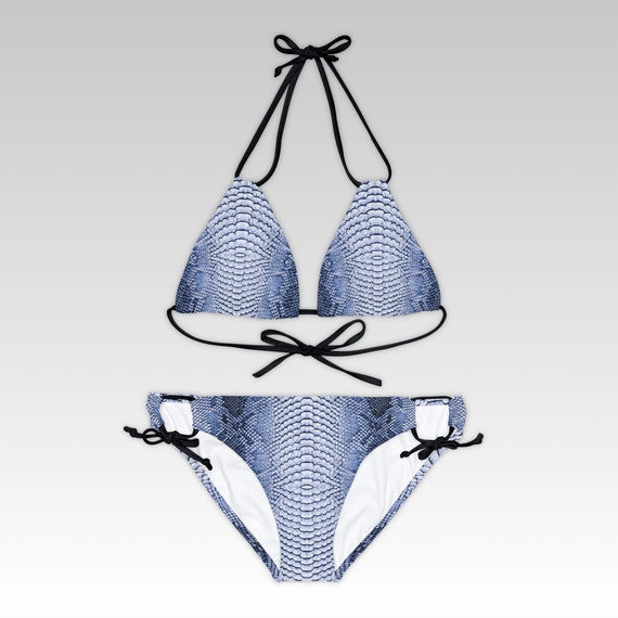 Blue & White Snake Skin Pattern Bikini | Strappy Two-Piece Swimsuit | Festival Swimwear, Rave bikini set, Party bikini set | Gifts for girls