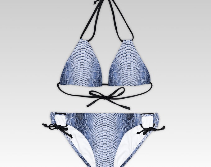 Blue & White Snake Skin Pattern Bikini | Strappy Two-Piece Swimsuit | Festival Swimwear, Rave bikini set, Party bikini set | Gifts for girls