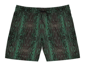Black Green Snake Skin Pattern Men's Mid-Length Swim Shorts - Stylish Reptile-Inspired shorts - Rave shorts, Festival outfit, Streetwear
