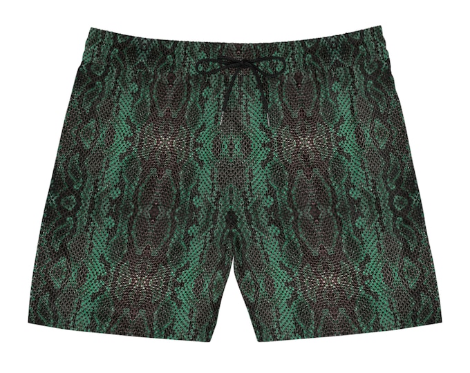 Black Green Snake Skin Pattern Men's Mid-Length Swim Shorts - Stylish Reptile-Inspired shorts - Rave shorts, Festival outfit, Streetwear