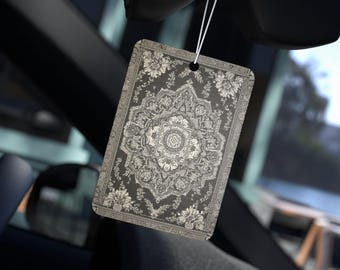 Persian Design Car Freshener – Black Ice Scent, Vintage Boho Auto Decor, Rearview Mirror Tag, Oriental Rug Style, Gift for Drivers