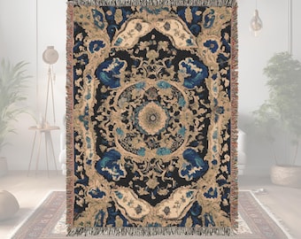 Woven Blanket Persian inspired design - Woven 100% Premium Cotton Throw Blanket with Colorful Fringe - Cozy Home Decor, Wall Tapestry