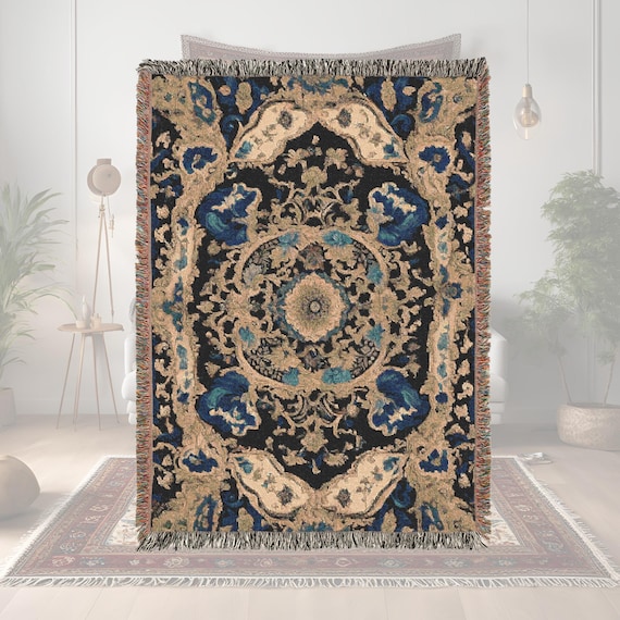 Woven Blanket Persian inspired design - Woven 100% Premium Cotton Throw Blanket with Colorful Fringe - Cozy Home Decor, Wall Tapestry