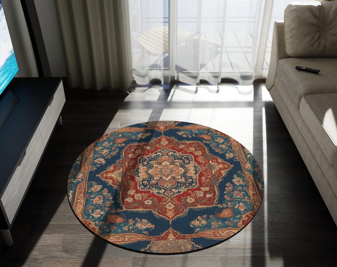 Decorative Persian Rug Design - 60" Round Rug for Bedroom, Gaming Room, Man Cave, Anime Fan Decor, Durable Chenille, art lovers