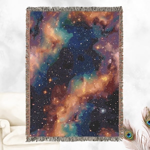 Abstrakte gewebte Decke aus 100% Baumwolle - Galaxy Design mit bunten Fransen - Gemütliches Wohndekor, Wandteppich oder Sofaakzent