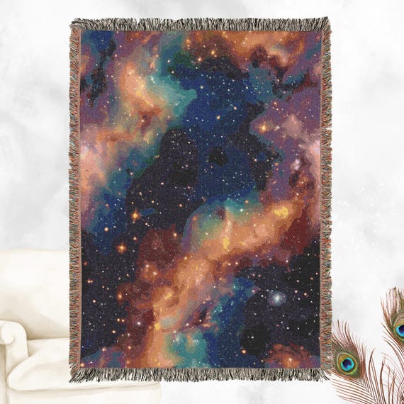 Abstract Woven 100% Cotton Throw Blanket - Galaxy Design with Colorful Fringe - Cozy Home Decor, Wall Tapestry, or Couch Accent