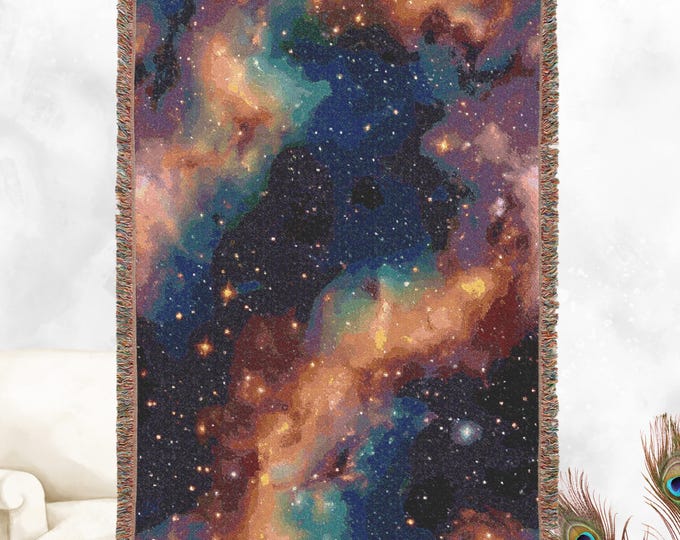 Abstract Woven 100% Cotton Throw Blanket - Galaxy Design with Colorful Fringe - Cozy Home Decor, Wall Tapestry, or Couch Accent