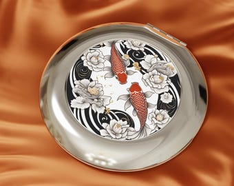 Compact Travel Mirror,  Japanese Koi Fish Design | Japan Travel Must-Have, Portable Makeup Mirror Gift for Travelers, Tokyo Souvenir