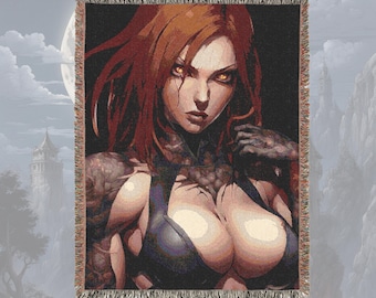 Anime & Manga Woven Blanket – 100% Cotton Throw with Fringe, Vampire Girl, Otaku Room Decor, Cozy Anime Gift, Wall Tapestry or Couch Accent