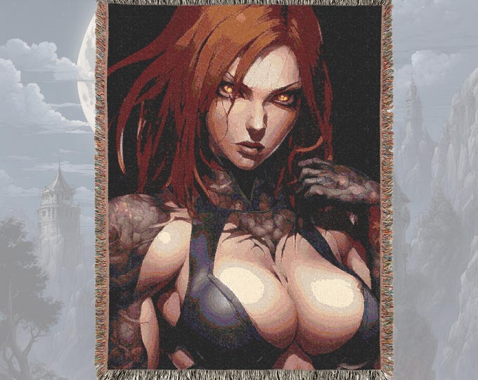 Anime & Manga Woven Blanket – 100% Cotton Throw with Fringe, Vampire Girl, Otaku Room Decor, Cozy Anime Gift, Wall Tapestry or Couch Accent