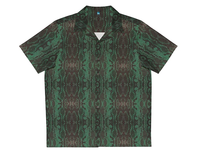 Black Green Snake Skin Pattern Short sleeve button-up for going out - Stylish Reptile-Inspired shirt - Rave, Festival outfit, Streetwear