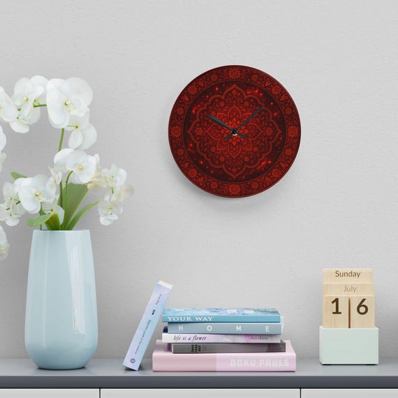 Elegant Red Persian Mandala Wall Clock, Acrylic Boho Design, Living Room Accent, Unique Gift for Home, Spiritual Decor, Boho Wall Art Clock