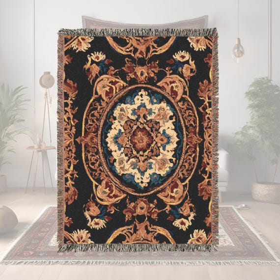 Woven Blanket Persian inspired design - Woven 100% Premium Cotton Throw Blanket with Colorful Fringe - Cozy Home Decor, Wall Tapestry