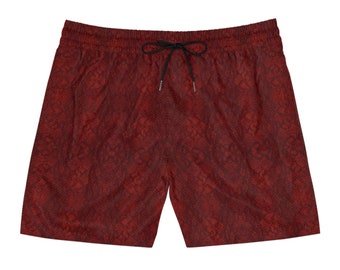 Red Snake Skin Pattern Men's Mid-Length Swim Shorts - Stylish Reptile-Inspired shorts - Rave shorts, Festival outfit, Streetwear