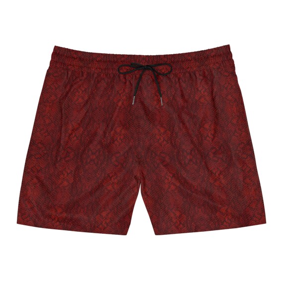 Red Snake Skin Pattern Men's Mid-Length Swim Shorts - Stylish Reptile-Inspired shorts - Rave shorts, Festival outfit, Streetwear