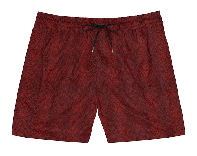 Red Snake Skin Pattern Men's Mid-Length Swim Shorts - Stylish Reptile-Inspired shorts - Rave shorts, Festival outfit, Streetwear