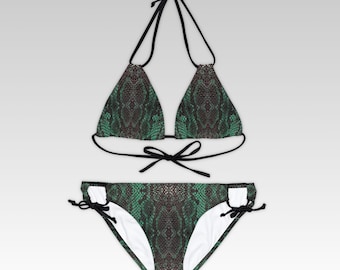 Black Green Snake Skin Pattern Bikini | Strappy Two-Piece Swimsuit | Festival Swimwear, Rave bikini set, Party bikini set | Gifts for girls