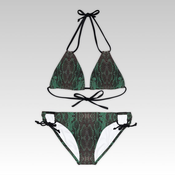 Black Green Snake Skin Pattern Bikini | Strappy Two-Piece Swimsuit | Festival Swimwear, Rave bikini set, Party bikini set | Gifts for girls