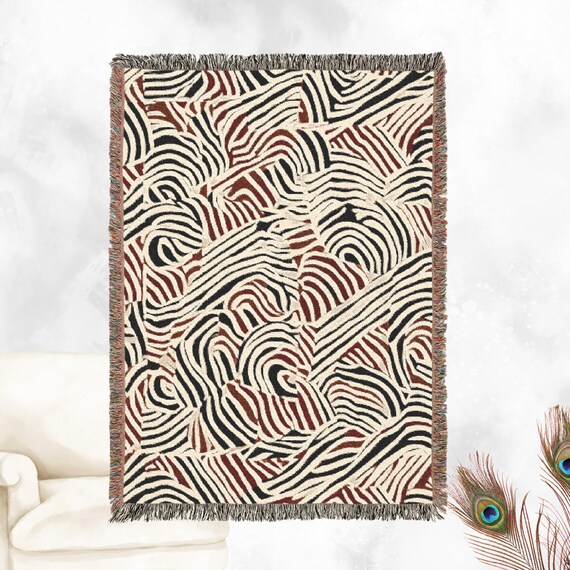 Modern Abstract Woven 100% Cotton Throw Blanket - Vintage Design with Colorful Fringe - Cozy Home Decor, Wall Tapestry, or Couch Accent