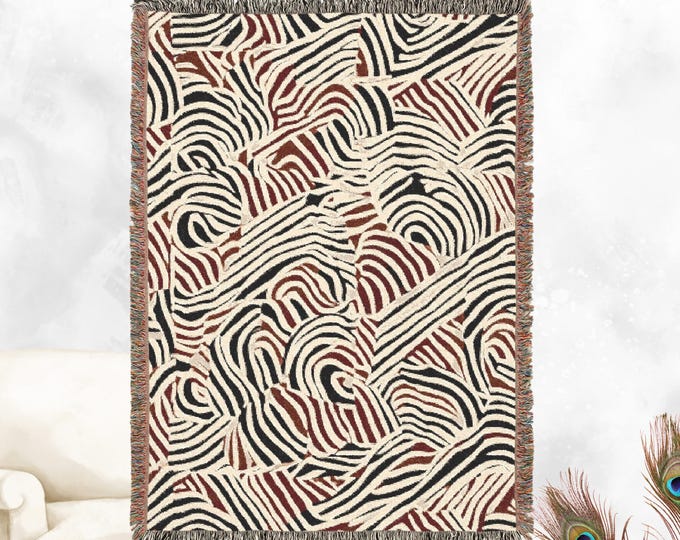 Modern Abstract Woven 100% Cotton Throw Blanket - Vintage Design with Colorful Fringe - Cozy Home Decor, Wall Tapestry, or Couch Accent