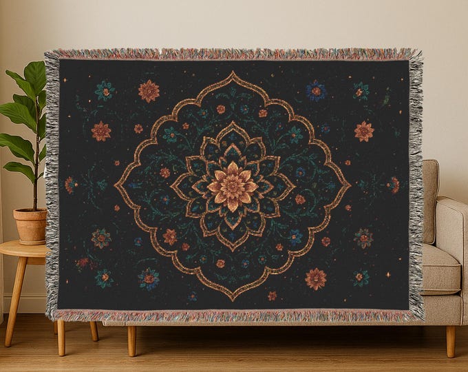 Woven Blanket Persian inspired design - Woven 100% Premium Cotton Throw Blanket with Colorful Fringe - Cozy Home Decor, Boho Wall Tapestry