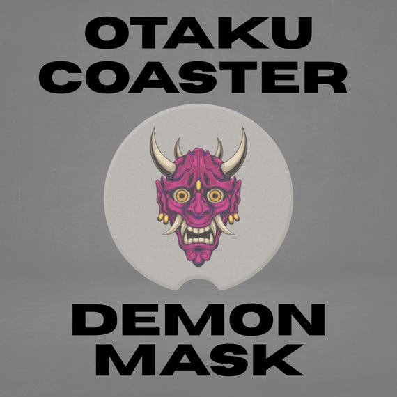 Otaku Demon Mask Car Coaster, Japanese Art Car Accessory, Stone Cup Holder Insert, Road Trip Gift, Asian Decor, Travel Coaster, Car Gift