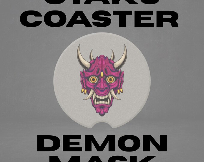 Otaku Demon Mask Car Coaster, Japanese Art Car Accessory, Stone Cup Holder Insert, Road Trip Gift, Asian Decor, Travel Coaster, Car Gift