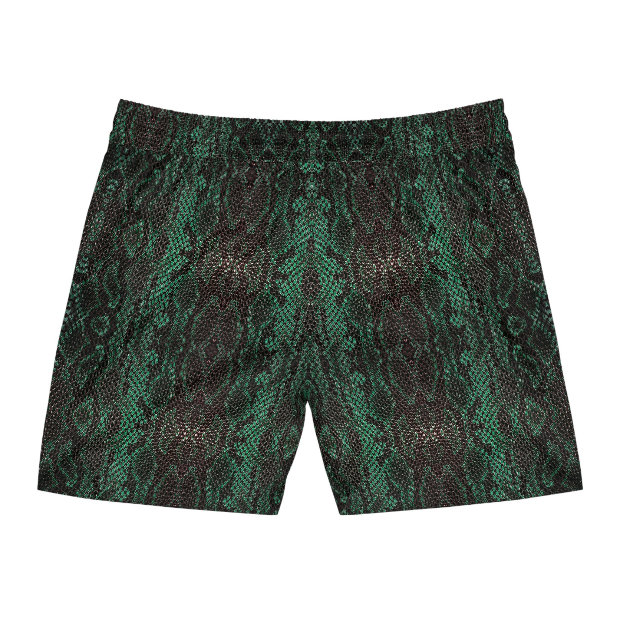 Black Green Snake Skin Pattern Men's Mid-length Swim Shorts