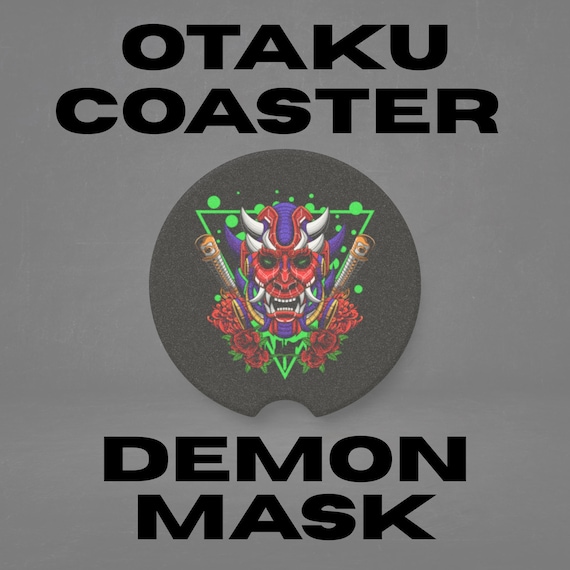 Otaku Demon Mask Car Coaster, Japanese Art Car Accessory, Stone Cup Holder Insert, Road Trip Gift, Asian Decor, Travel Coaster, Car Gift