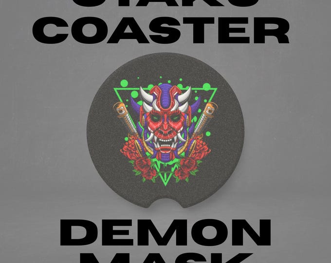 Otaku Demon Mask Car Coaster, Japanese Art Car Accessory, Stone Cup Holder Insert, Road Trip Gift, Asian Decor, Travel Coaster, Car Gift