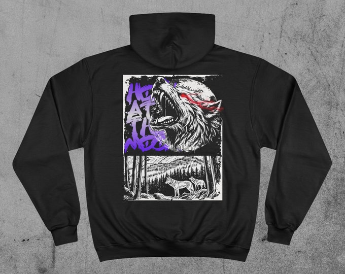 Champion Hoodie - Defy the Darkness & Howl at the Moon Wolf Print - Winter Gym hoodie, Workout hoodie, Gym gift for guys/girls, Winter arc