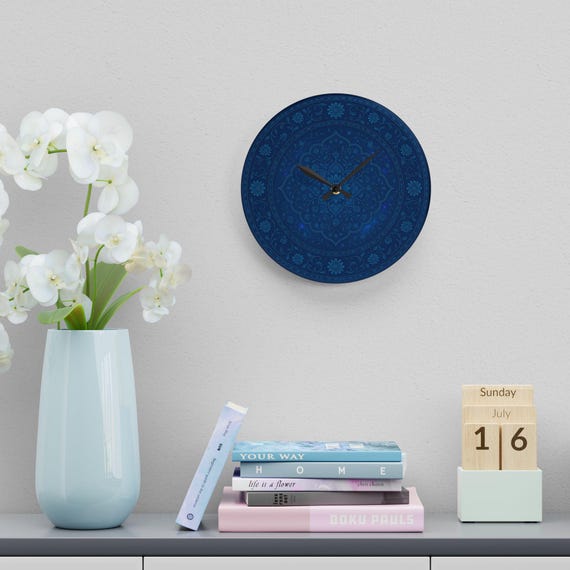 Elegant Blue Persian Mandala Wall Clock, Acrylic Boho Design, Living Room Accent, Unique Gift for Home, Spiritual Decor, Boho Art Clock