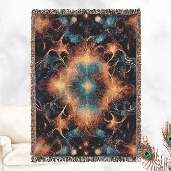 Abstract Woven 100% Cotton Throw Blanket - Galaxy Design with Colorful Fringe - Cozy Home Decor, Wall Tapestry, or Couch Accent