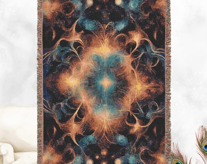 Abstract Woven 100% Cotton Throw Blanket - Galaxy Design with Colorful Fringe - Cozy Home Decor, Wall Tapestry, or Couch Accent
