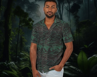 Green Snake Skin Button-Up Shirt - Reptile Print, High-End Style for Festivals, Parties, Date Nights, and Events - Lightweight & Tailored
