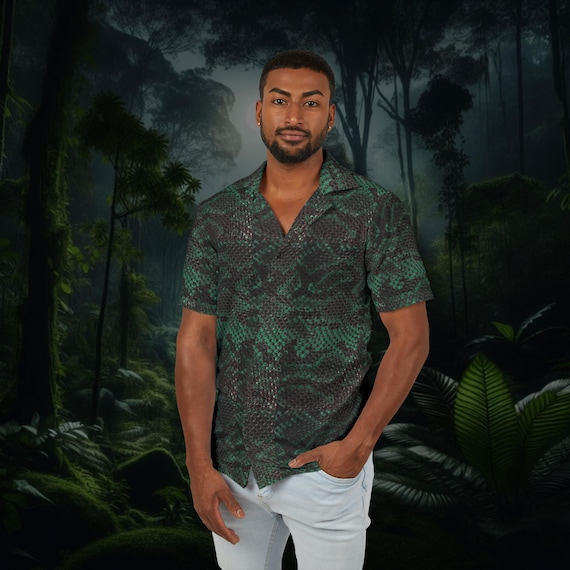 Green Snake Skin Button-Up Shirt - Reptile Print, High-End Style for Festivals, Parties, Date Nights, and Events - Lightweight & Tailored