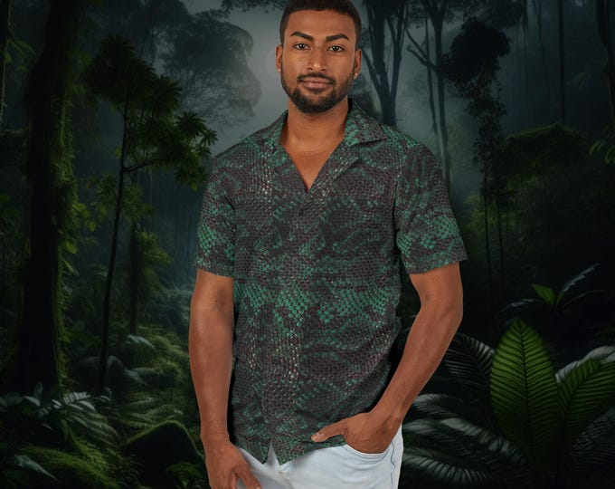 Green Snake Skin Button-Up Shirt - Reptile Print, High-End Style for Festivals, Parties, Date Nights, and Events - Lightweight & Tailored