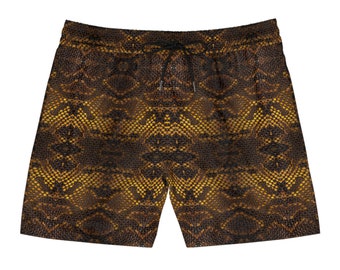 Black Gold Snake Skin Pattern Men's Mid-Length Swim Shorts - Stylish Reptile-Inspired shorts - Rave shorts, Festival outfit, Streetwear