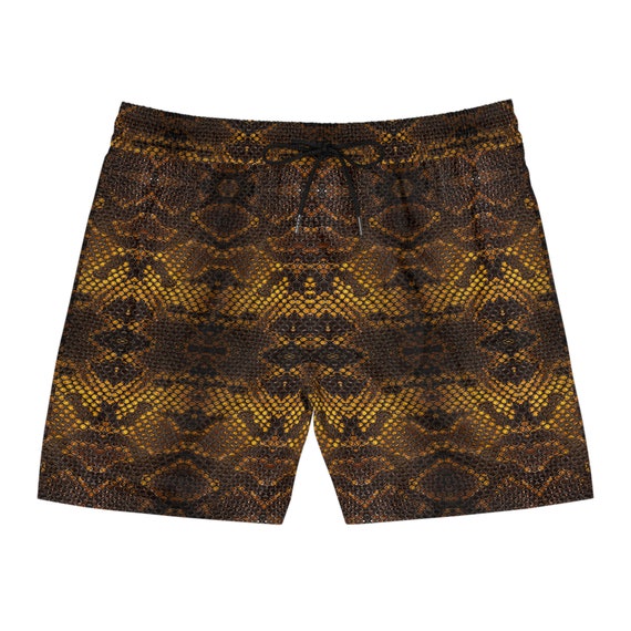 Black Gold Snake Skin Pattern Men's Mid-Length Swim Shorts - Stylish Reptile-Inspired shorts - Rave shorts, Festival outfit, Streetwear
