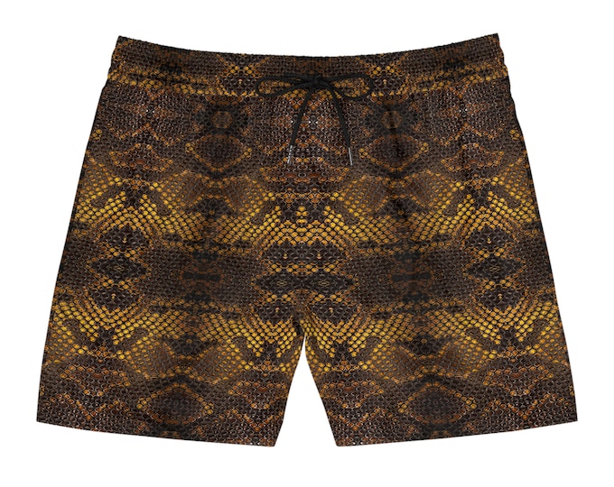 Black Gold Snake Skin Pattern Men's Mid-Length Swim Shorts - Stylish Reptile-Inspired shorts - Rave shorts, Festival outfit, Streetwear