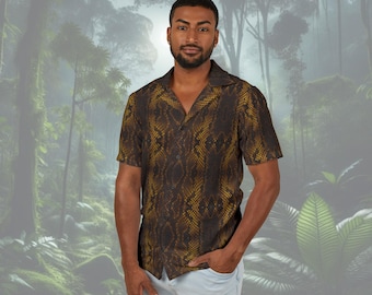 Gold Snake Skin Button-Up Shirt - Reptile Print, High-End Style for Festivals, Parties, Date Nights, and Events - Lightweight & Tailored