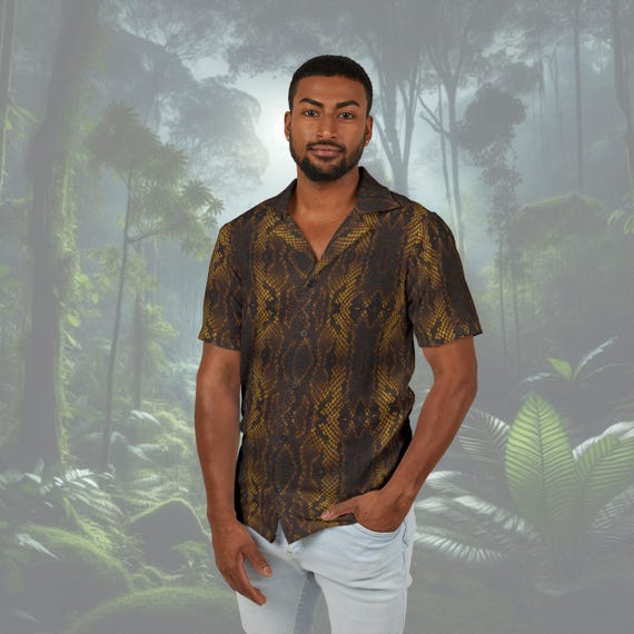Gold Snake Skin Button-Up Shirt - Reptile Print, High-End Style for Festivals, Parties, Date Nights, and Events - Lightweight & Tailored