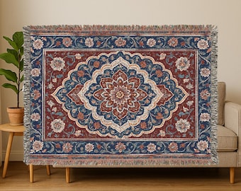 Woven Blanket Persian inspired design - Woven 100% Premium Cotton Throw Blanket with Colorful Fringe - Cozy Home Decor, Boho Wall Tapestry