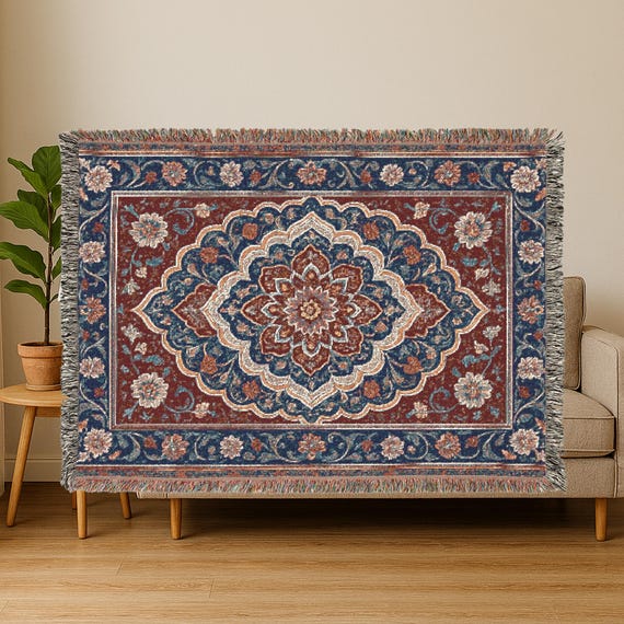 Woven Blanket Persian inspired design - Woven 100% Premium Cotton Throw Blanket with Colorful Fringe - Cozy Home Decor, Boho Wall Tapestry
