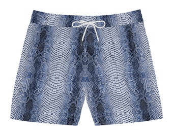 Blue & Whiite Snake Skin Pattern Men's Mid-Length Swim Shorts - Stylish Reptile-Inspired shorts - Rave shorts, Festival outfit, Streetwear
