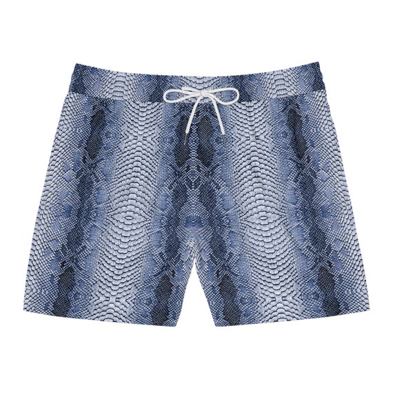 Blue & Whiite Snake Skin Pattern Men's Mid-Length Swim Shorts - Stylish Reptile-Inspired shorts - Rave shorts, Festival outfit, Streetwear
