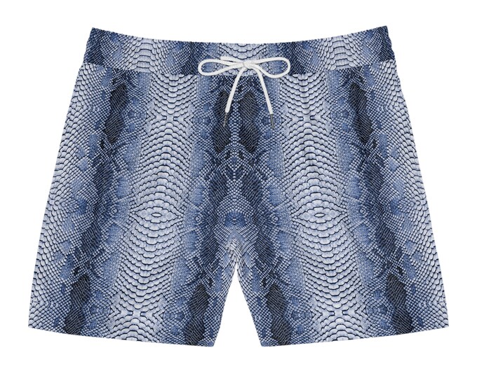 Blue & Whiite Snake Skin Pattern Men's Mid-Length Swim Shorts - Stylish Reptile-Inspired shorts - Rave shorts, Festival outfit, Streetwear