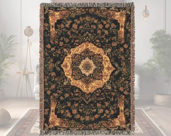 Woven Blanket Persian Rug inspired design - Woven 100% Premium Cotton Throw Blanket with Colorful Fringe - Cozy Home Decor, Wall Tapestry